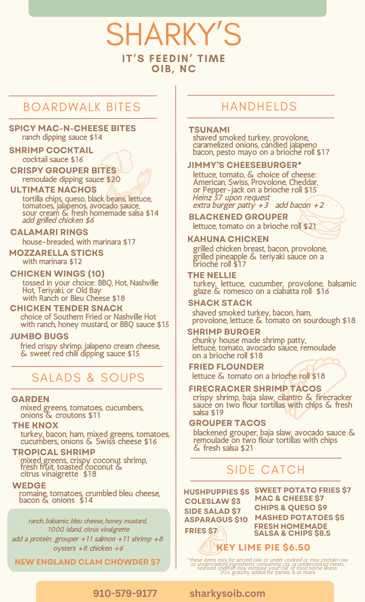 Sharky's Menu — Boardwalk Bites, Handhelds, Salads & Soups, Side Catch